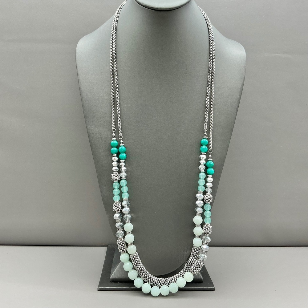 White House Black Market Necklace Womens Silver Tone Beaded Layered Multi 26 In.
